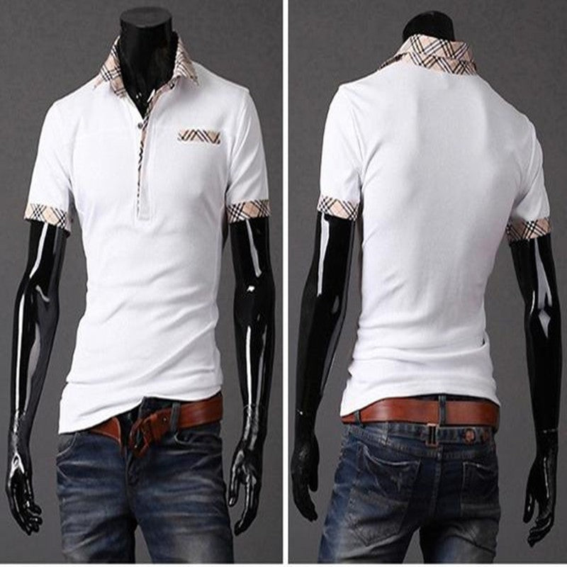 white summer polo t-shirt with stylish plaid collar and sleeve cuffs on a mannequin front and back views