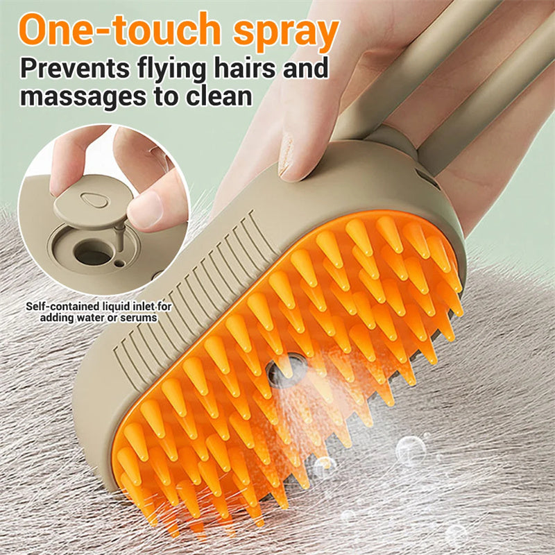 Electric 3-in-1 pet hair brush with orange silicone bristles and one-touch spray for grooming cats and dogs