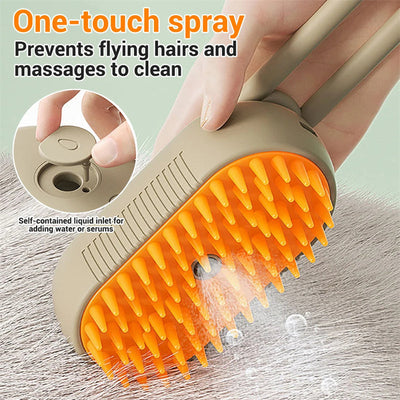 Electric 3-in-1 pet hair brush with orange silicone bristles and one-touch spray for grooming cats and dogs