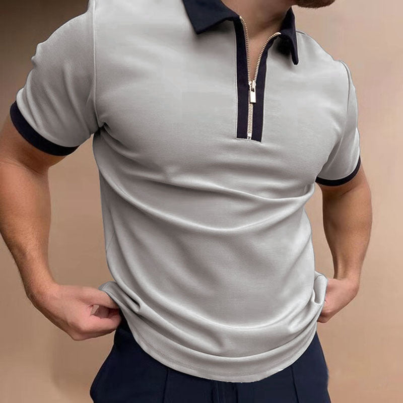 Men's short sleeve polo shirt with zipper check detail, stand-up collar, and chemical fiber blended fabric in khaki color