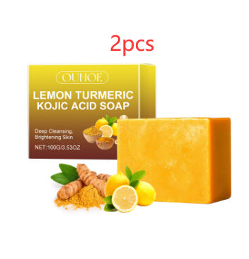 Lemon turmeric kojic acid soap bar with lemon, turmeric, and natural extracts for deep cleansing and brightening skin.