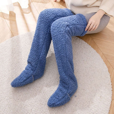 Over knee high fuzzy blue socks, warm winter stockings, suitable for men and women.