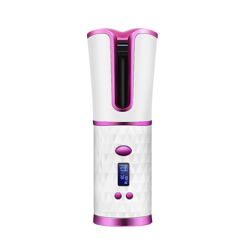 Cordless automatic hair curler iron in white and pink with digital display and compact design