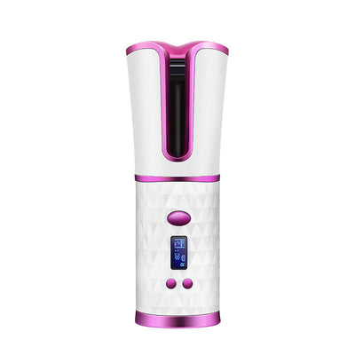 Cordless automatic hair curler iron in white and pink with digital display and compact design