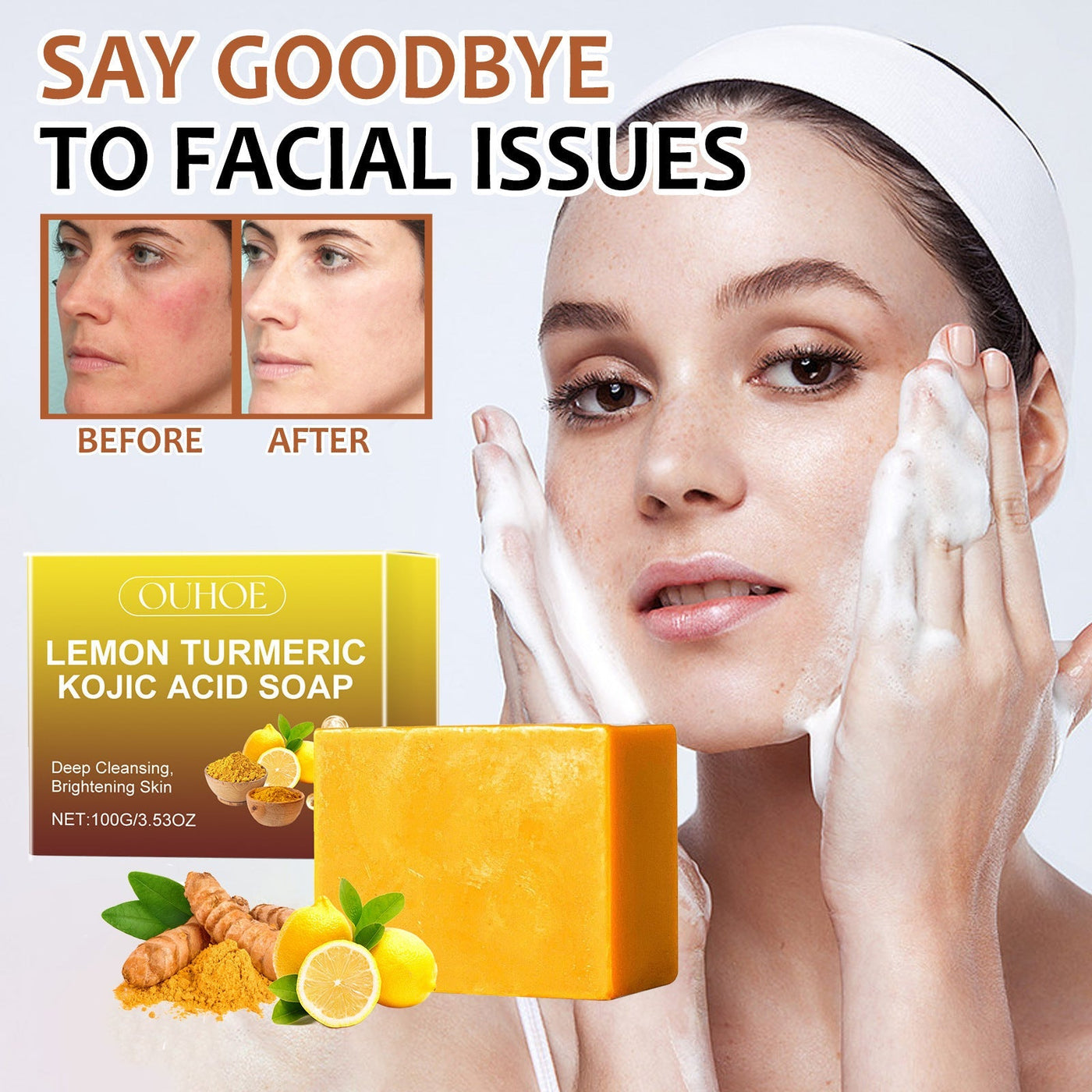 Lemon Turmeric Kojic Acid Soap bar with bright yellow color, lemon and turmeric ingredients, packaging box, and woman cleansing face foam