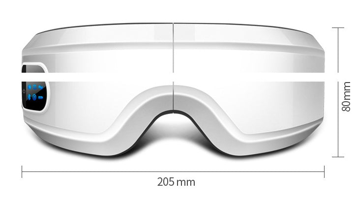 White rechargeable eye protector with Bluetooth and LCD display, measuring 205mm by 80mm, designed for eye massage and relaxation