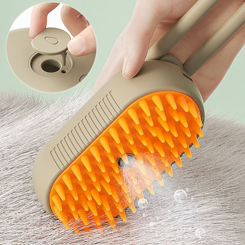 Electric 3-in-1 pet hair brush with steam spray and soft silicone bristles for grooming and hair removal