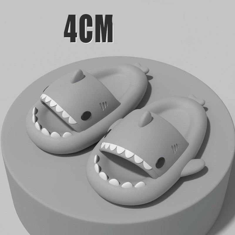 Gray adult's slippers with funny shark cartoon design and 4cm thick soles, suitable for indoor and outdoor use