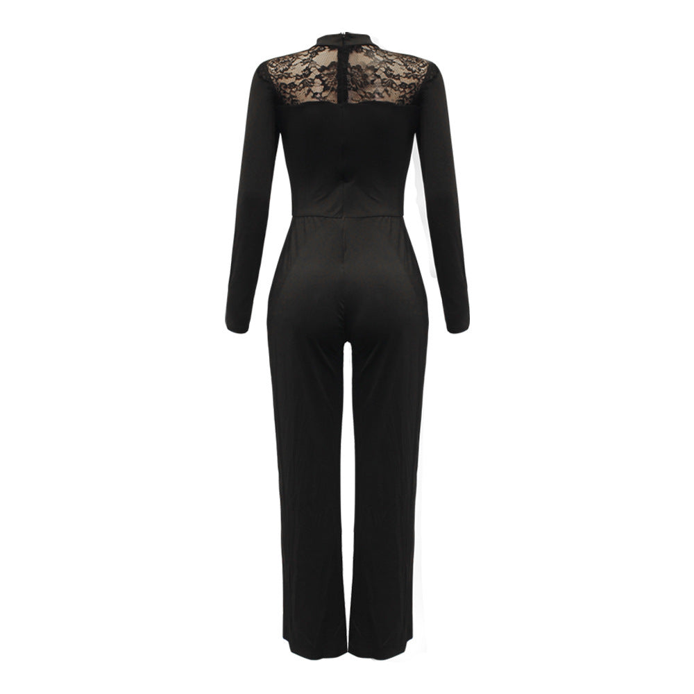 Black women's long sleeve wide leg jumpsuit with lace back detail made from milk silk fabric