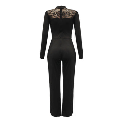 Black women's long sleeve wide leg jumpsuit with lace back detail made from milk silk fabric