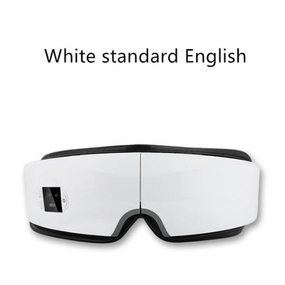 Rechargeable eye protector massager with Bluetooth, LCD screen, and adjustable headband in white.