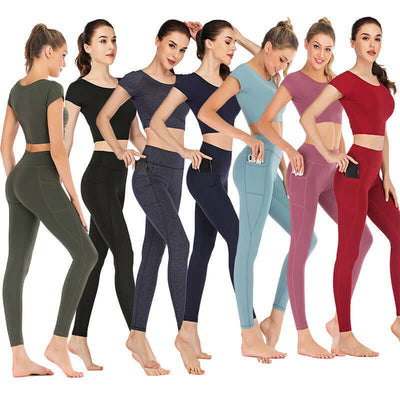 Women’s pocket yoga clothes suit in multiple colors made of versatile Lycra fabric available in size S, M, L, XL