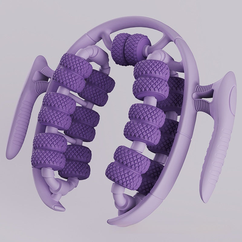 Purple circular leg massager with textured rollers and ergonomic handles for beauty and slimming.