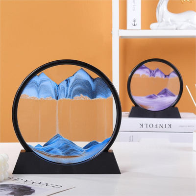 Quicksand painting hourglass decoration with blue and purple sand, creating dynamic landscapes.