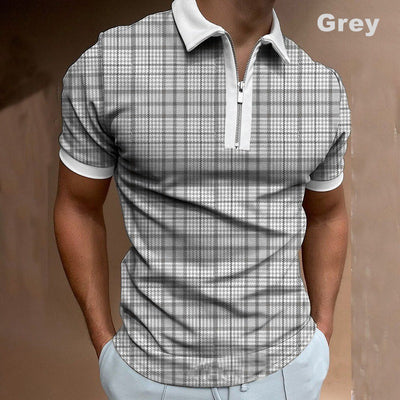 Men's grey check polo shirt with zipper collar, short raglan sleeves, made from chemical fiber blended fabric