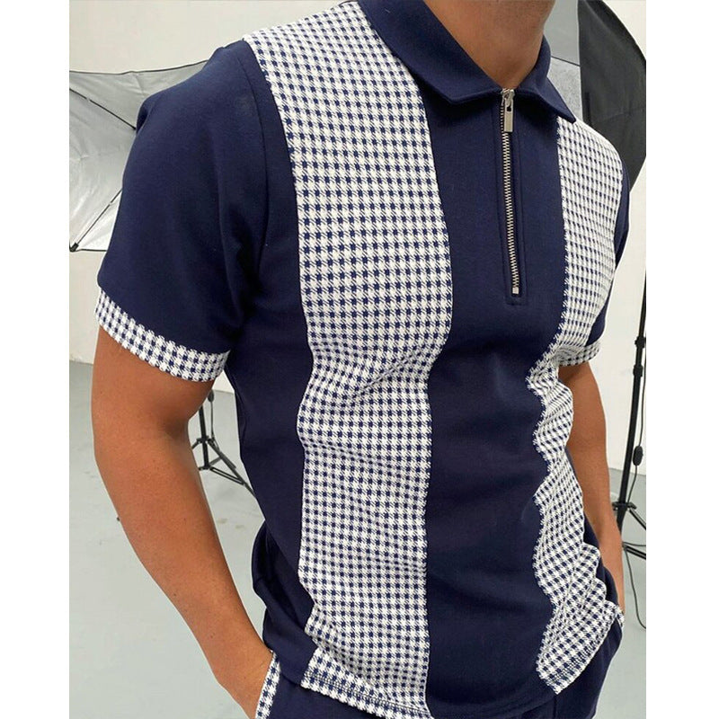 Men's navy blue polo shirt with white checkerboard zipper front and short sleeves, chemical fiber blended fabric