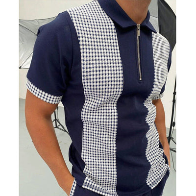 Men's navy blue polo shirt with white checkerboard zipper front and short sleeves, chemical fiber blended fabric