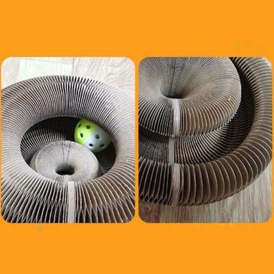 Corrugated and foldable cat paper nest with toy ball for cat play on wooden surface