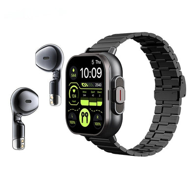 Cross-border new arrival smartwatch with TWS Bluetooth headset, heart rate monitoring, and black metal strap.
