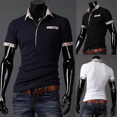 Men's stylish plaid detail summer polo shirts in black and white colors