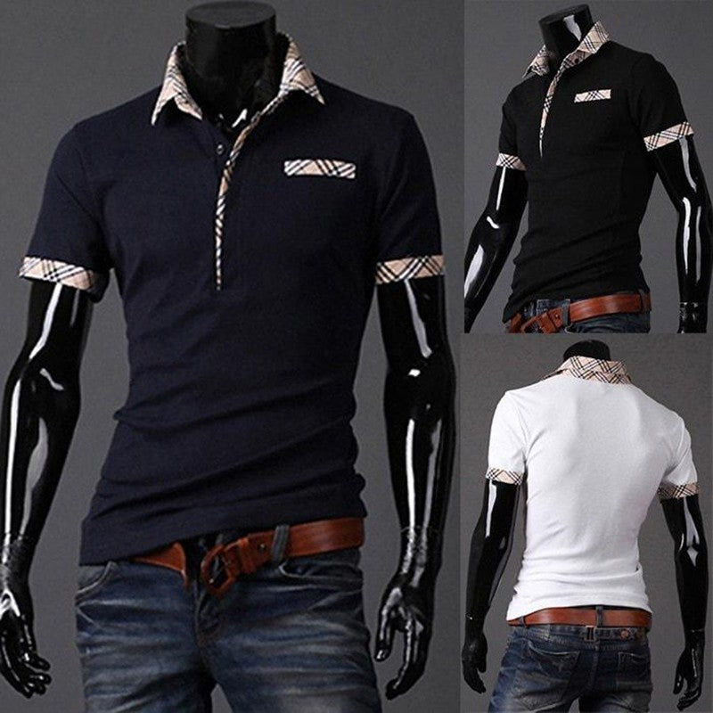 Men's summer polo t-shirt with stylish plaid collar and sleeve details in black and white colors