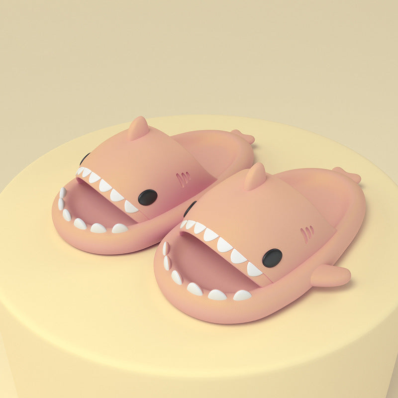 Adult's slippers designed as funny pink shark cartoon with open mouths, soft EVA material for indoor and outdoor comfort