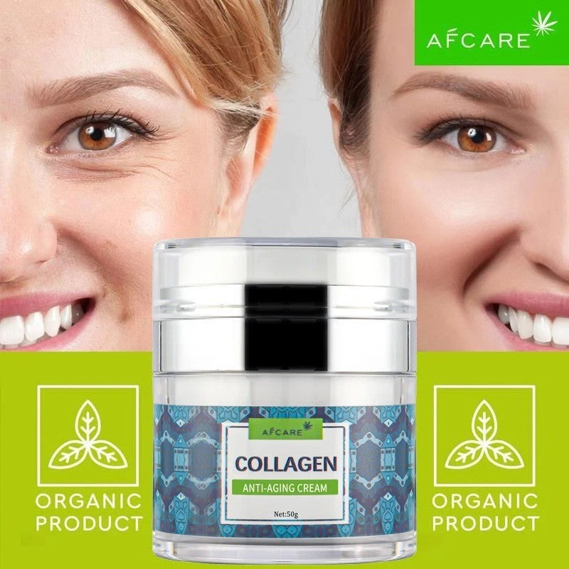 Collagen face cream jar for moisturizing and anti-aging with organic product label