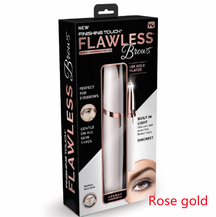Flawlessly Brows Electric Eyebrow Remover in packaging, rose gold, 18k gold plated, ideal for gentle, pain-free eyebrow maintenance.