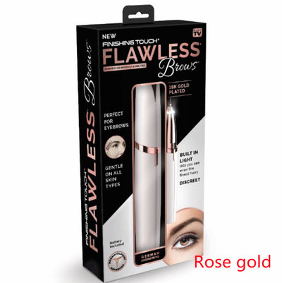 Flawlessly Brows Electric Eyebrow Remover in packaging, rose gold, 18k gold plated, ideal for gentle, pain-free eyebrow maintenance.