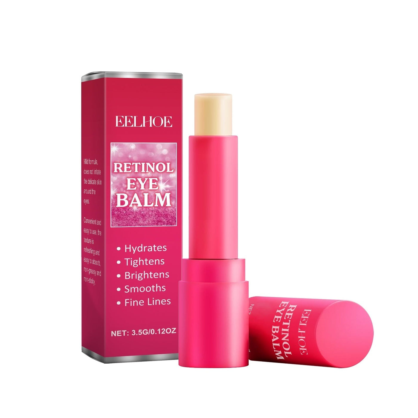 Retinol Eye Balm stick with hydrating, tightening, brightening, and anti-aging benefits for eye area care.