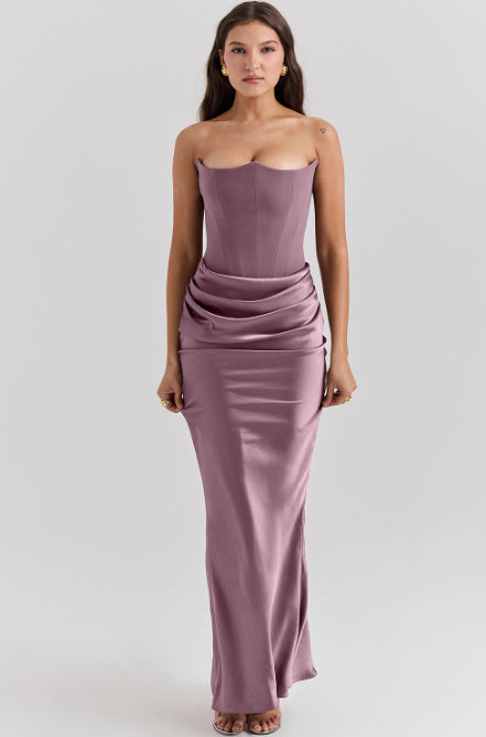 sexy slim tube top long evening dress with draped satin skirt in mauve color