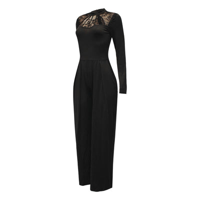 Black women's long sleeve wide leg jumpsuit with lace detail made from soft milk silk fabric