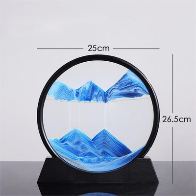 Quicksand painting hourglass with dynamic blue sand design in decorative glass frame.