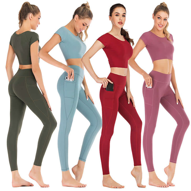 Women’s pocket yoga clothes suit in various colors, fitted leggings with side pockets and matching crop tops, available in size S M L XL.