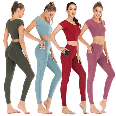 Women’s pocket yoga clothes suit in various colors, fitted leggings with side pockets and matching crop tops, available in size S M L XL.