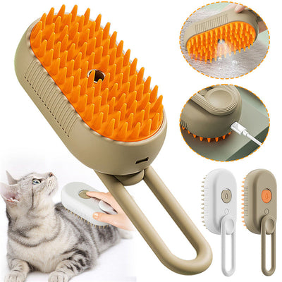Electric 3-in-1 pet hair brush with steam spray and silicone bristles for grooming cats and dogs, USB rechargeable design.