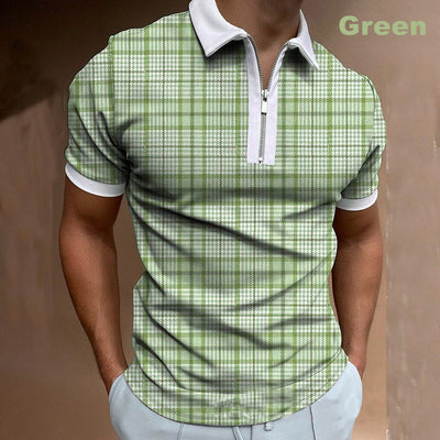 Men's green check chemical fiber blended polo shirt with zipper and white collar