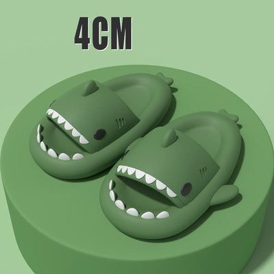 Green adult's slippers with funny shark cartoon design and 4cm thick soles for indoor and outdoor use