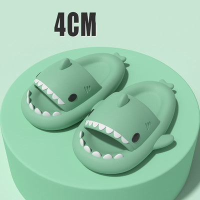 Green adult's slippers with funny shark cartoon design and 4cm sole height for indoor and outdoor use.