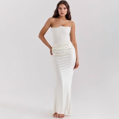 woman wearing slim tube top long white backless evening gown sexy style