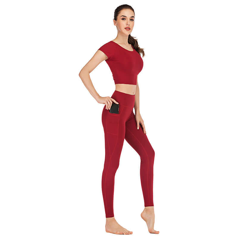 woman wearing red pocket yoga clothes suit with size options S M L XL