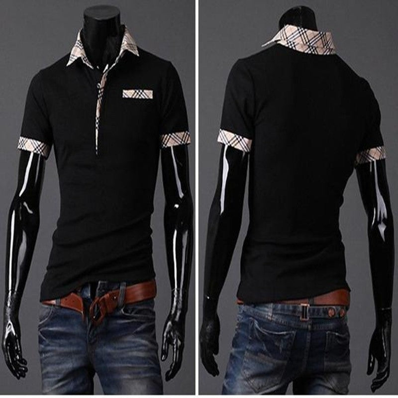 Black summer polo t-shirt with plaid collar, sleeve cuffs, and pocket detail, styled on mannequin with jeans and brown belt.