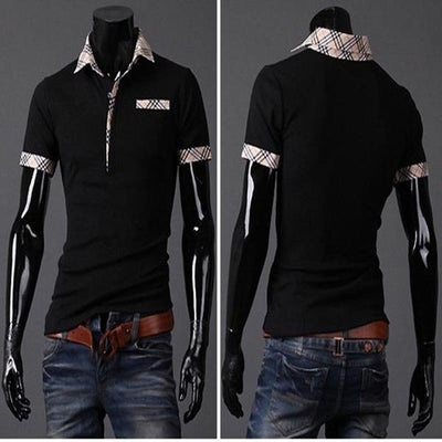 Black summer polo t-shirt with plaid collar, sleeve cuffs, and pocket detail, styled on mannequin with jeans and brown belt.