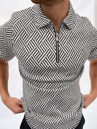 Men's chemical fiber blended polo shirt with zipper check pattern and stand-up collar