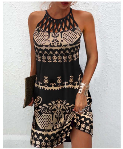 Japanese and Korean casual halterneck summer dress with black and beige print and back strap design