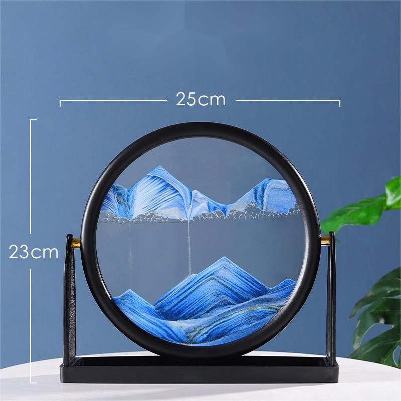 Quicksand painting in black frame with blue sand, decorative glass craft, 25cm x 23cm.