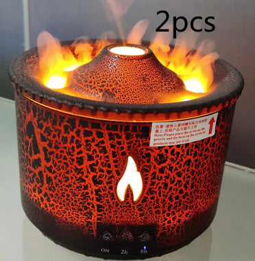 Ultrasonic essential oil humidifier with volcano design and flame lighting effect for aromatherapy and air humidifying.