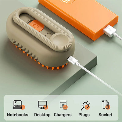 USB rechargeable 3-in-1 electric steam pet hair brush with soft silicone bristles for grooming cats and dogs