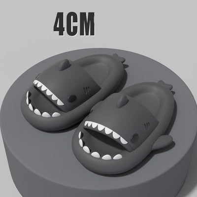 Adult's slippers in grey with funny shark cartoon design and 4cm sole height for indoor and outdoor use