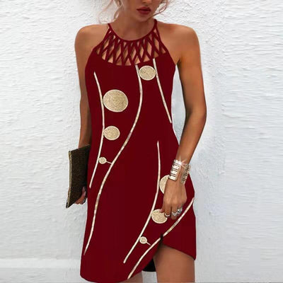Japanese and Korean casual style halterneck sleeveless mid-length A-line summer dress with print design in red color
